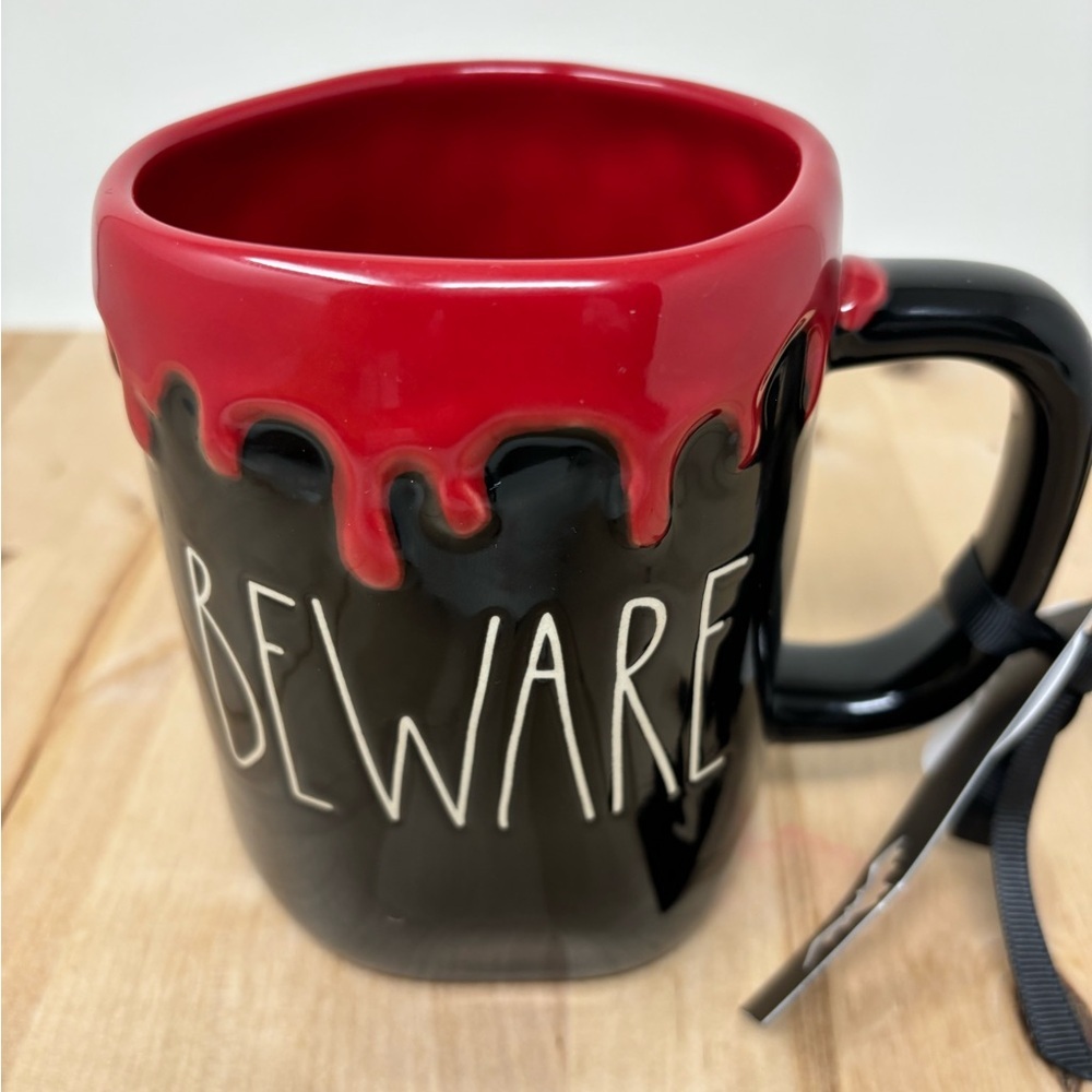 Rae Dunn Halloween BEWARE Mug Red and Black Drip Design Black Interior New